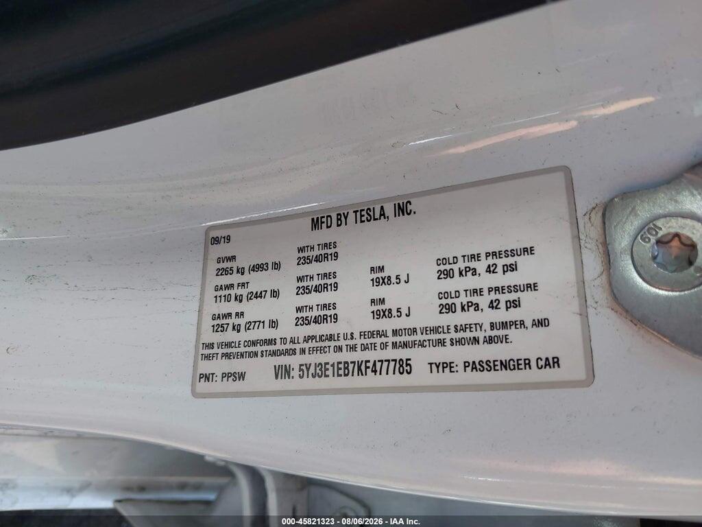 5YJ3E1EB7KF477785 2019 TESLA MODEL 3 photo no. 9