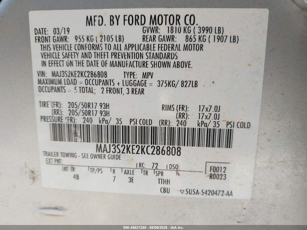 MAJ3S2KE2KC286808 2019 FORD ECOSPORT photo no. 9