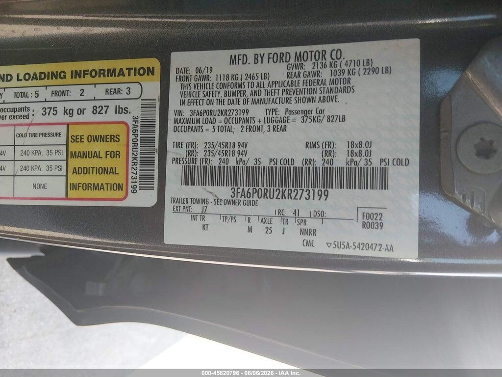 3FA6P0RU2KR273199 2019 FORD FUSION HYBRID photo no. 9