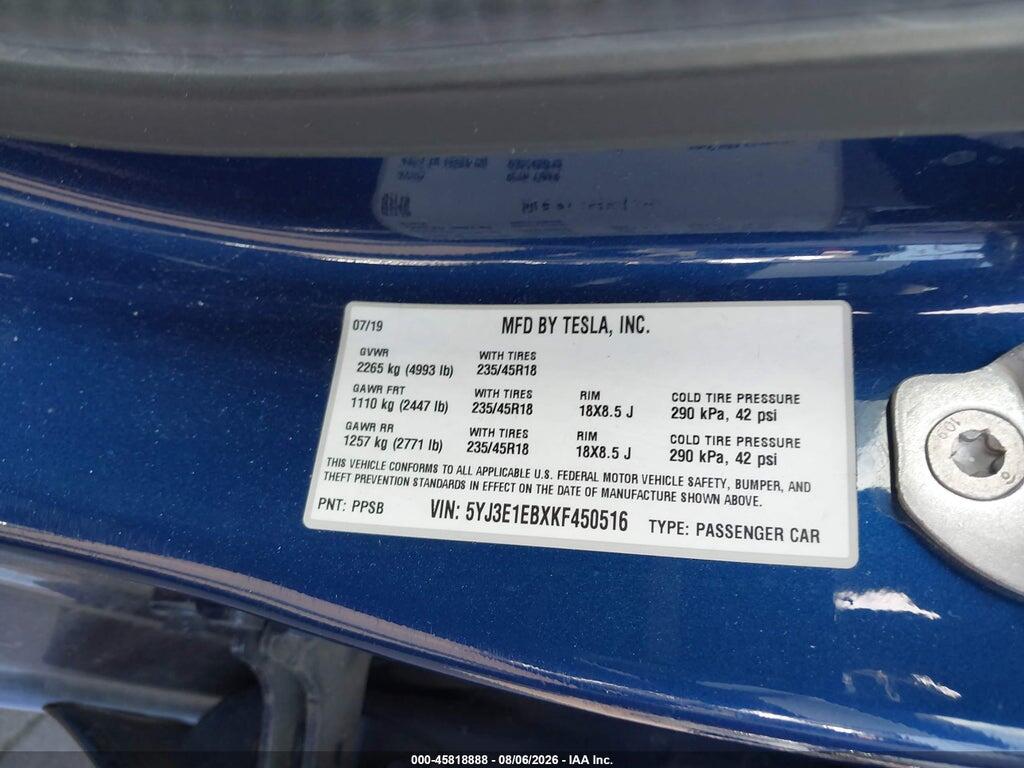 5YJ3E1EBXKF450516 2019 TESLA MODEL 3 photo no. 9