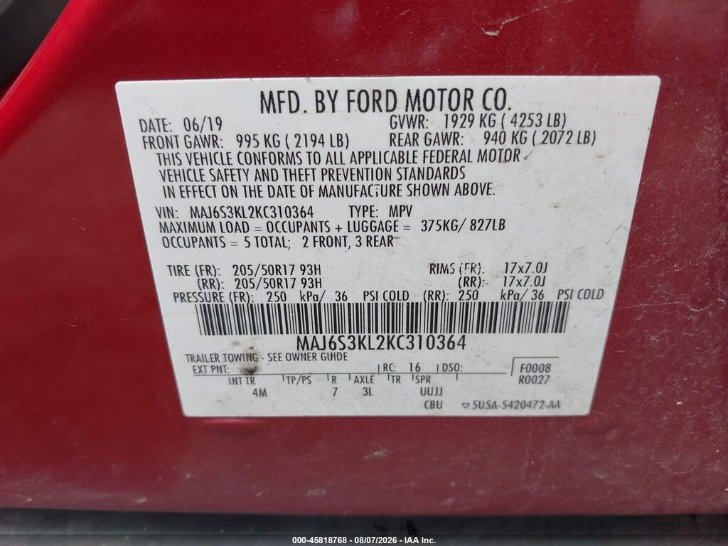 MAJ6S3KL2KC310364 2019 FORD ECOSPORT photo no. 9