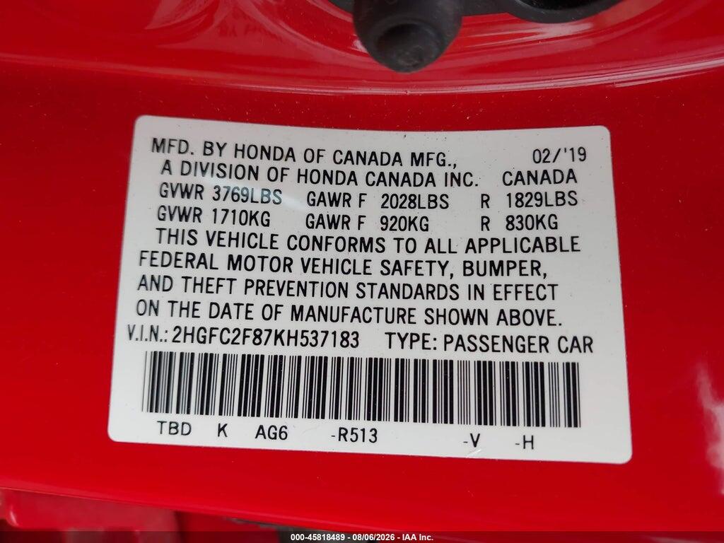 2HGFC2F87KH537183 2019 HONDA CIVIC photo no. 9
