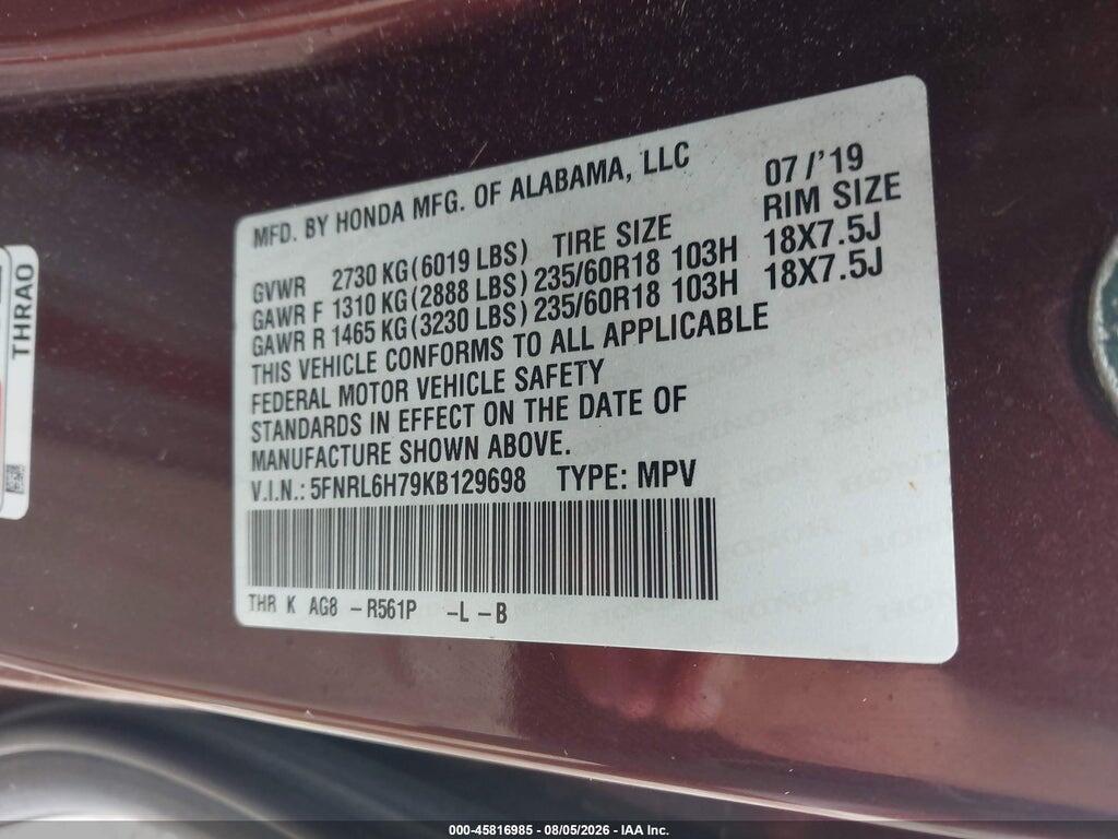 5FNRL6H79KB129698 2019 HONDA ODYSSEY photo no. 9