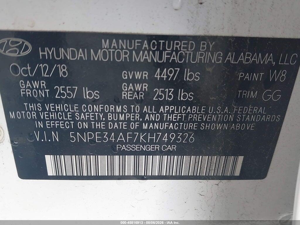 5NPE34AF7KH749326 2019 HYUNDAI SONATA photo no. 9