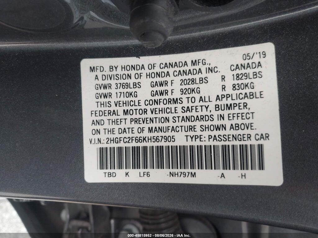 2HGFC2F66KH567905 2019 HONDA CIVIC photo no. 9