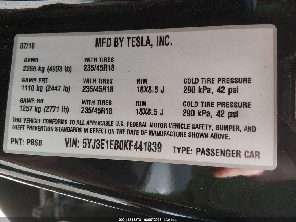5YJ3E1EB0KF441839 2019 TESLA MODEL 3 photo no. 9