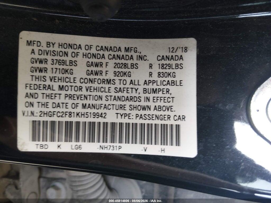 2HGFC2F81KH519942 2019 HONDA CIVIC photo no. 9