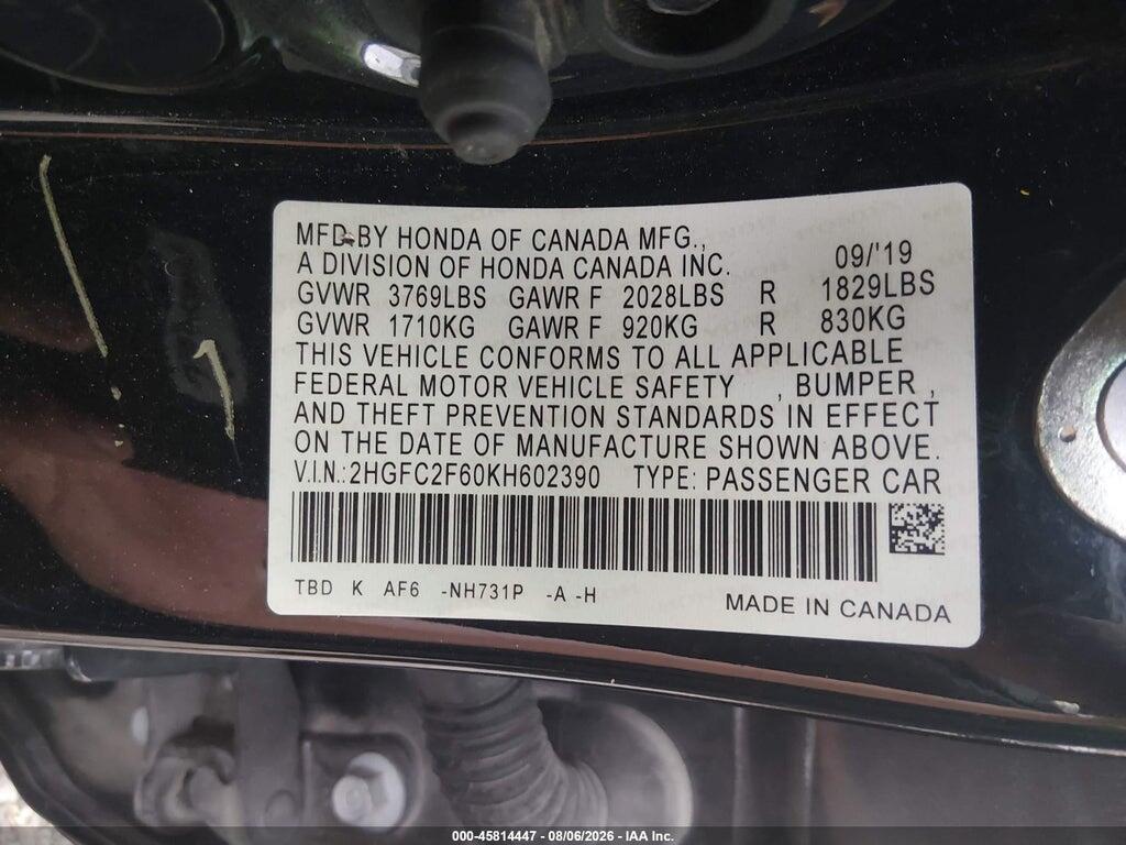 2HGFC2F60KH602390 2019 HONDA CIVIC photo no. 9