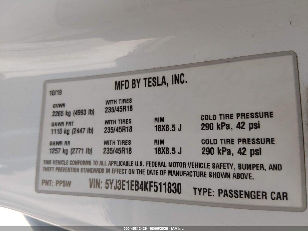 5YJ3E1EB4KF511830 2019 TESLA MODEL 3 photo no. 9