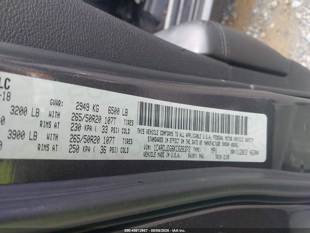 1C4RDJDG6KC626372 2019 DODGE DURANGO photo no. 9
