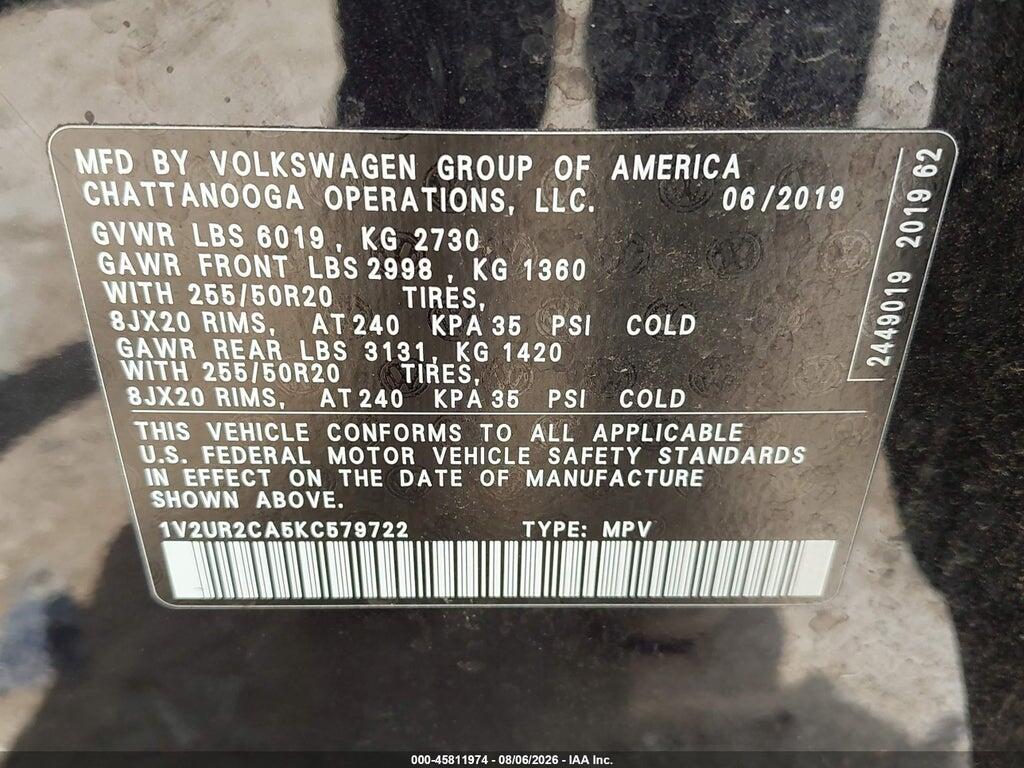 1V2UR2CA5KC579722 2019 VOLKSWAGEN ATLAS photo no. 9