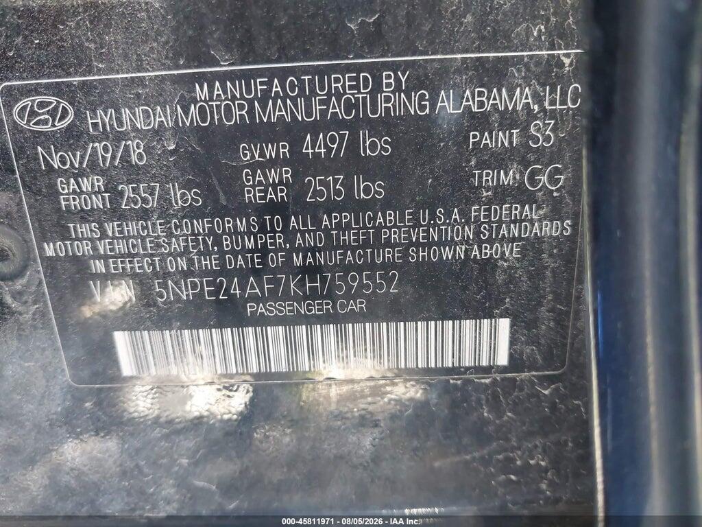 5NPE24AF7KH759552 2019 HYUNDAI SONATA photo no. 9