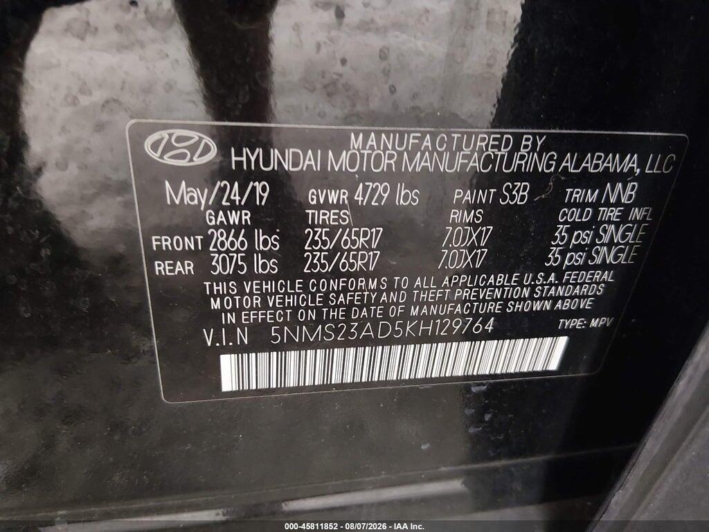 5NMS23AD5KH129764 2019 HYUNDAI SANTA FE photo no. 9