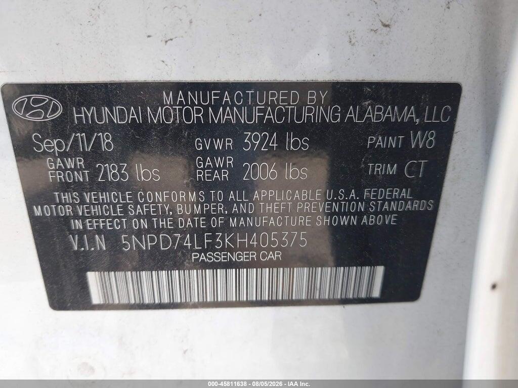5NPD74LF3KH405375 2019 HYUNDAI ELANTRA photo no. 9
