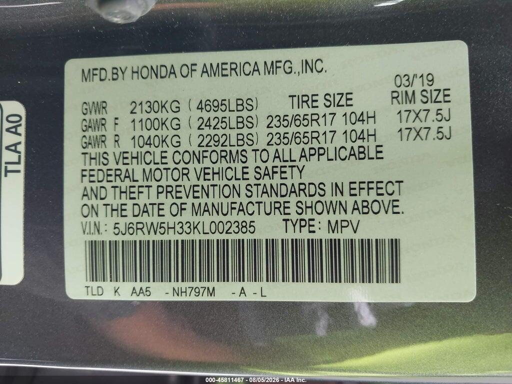 5J6RW5H33KL002385 2019 HONDA CR-V photo no. 9