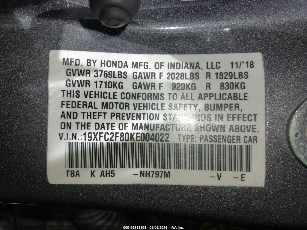 19XFC2F80KE004022 2019 HONDA CIVIC photo no. 9