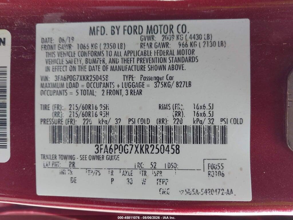 3FA6P0G7XKR250458 2019 FORD FUSION photo no. 9