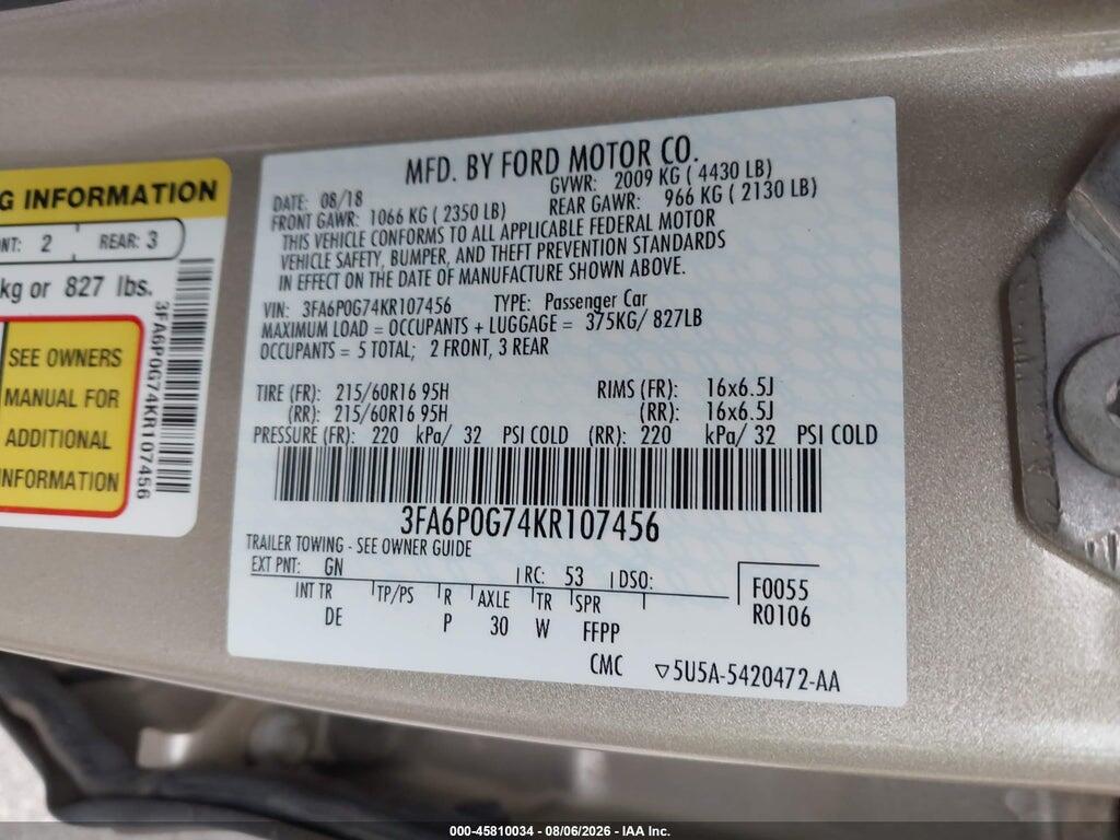 3FA6P0G74KR107456 2019 FORD FUSION photo no. 9