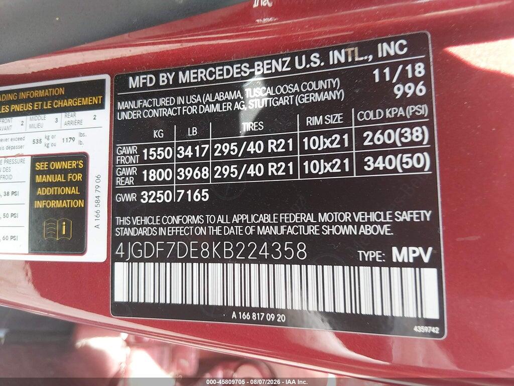 4JGDF7DE8KB224358 2019 MERCEDES-BENZ GLS 550 photo no. 9