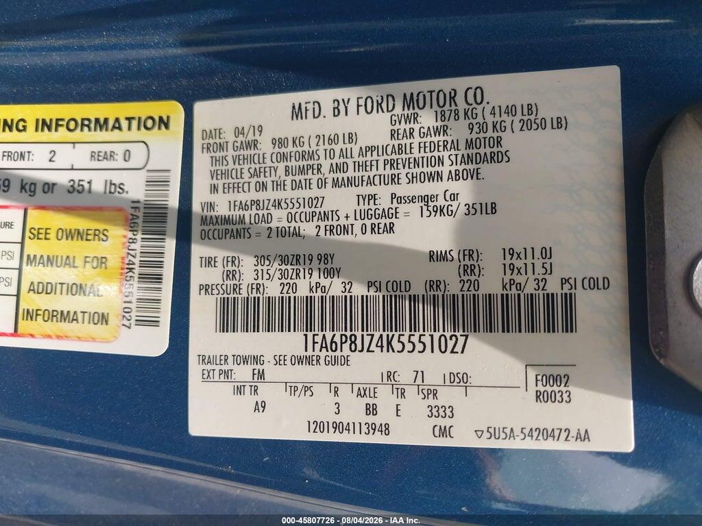 1FA6P8JZ4K5551027 2019 FORD MUSTANG photo no. 9
