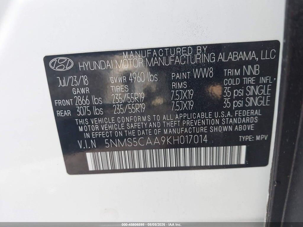 5NMS5CAA9KH017014 2019 HYUNDAI SANTA FE photo no. 9