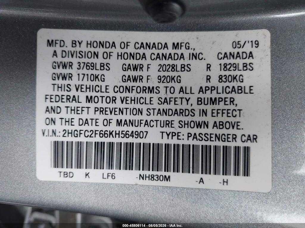 2HGFC2F66KH564907 2019 HONDA CIVIC photo no. 9