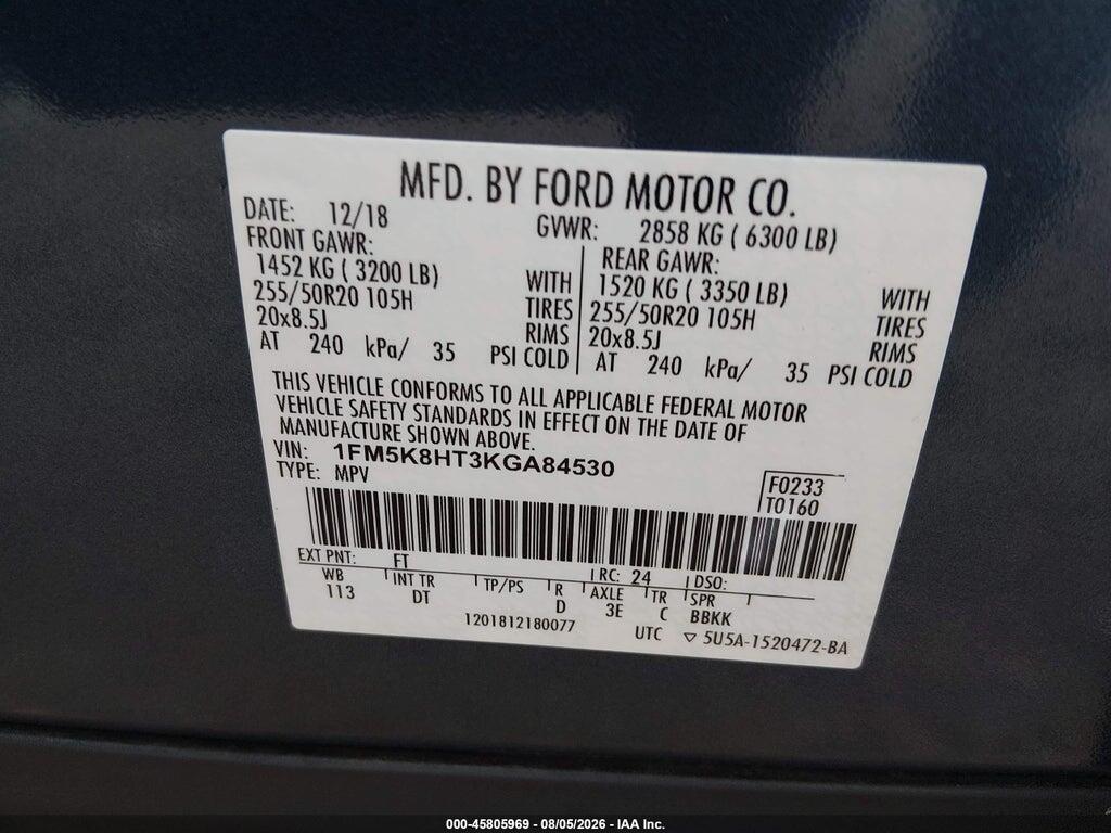 1FM5K8HT3KGA84530 2019 FORD EXPLORER photo no. 9