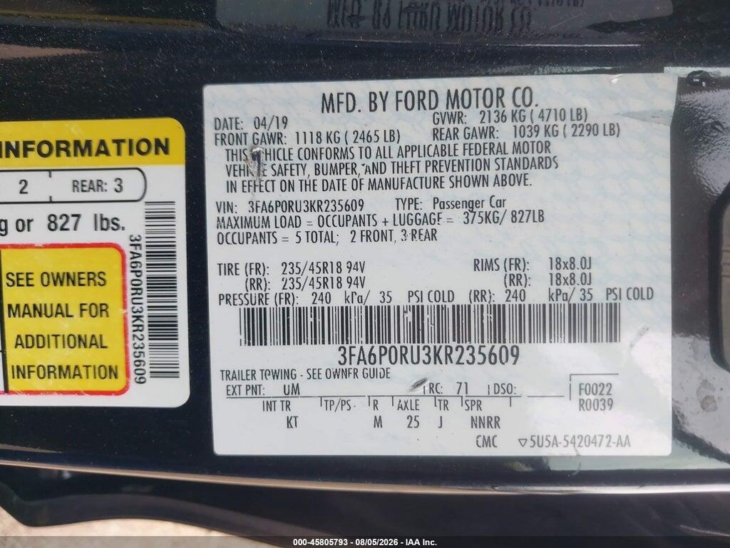 3FA6P0RU3KR235609 2019 FORD FUSION HYBRID photo no. 9
