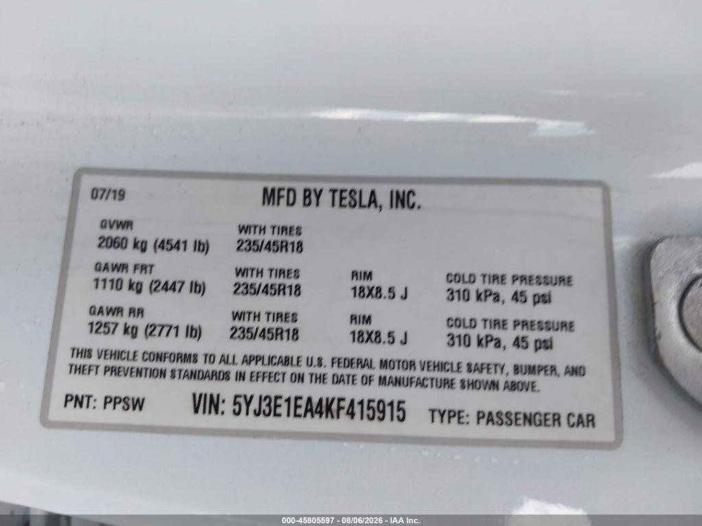 5YJ3E1EA4KF415915 2019 TESLA MODEL 3 photo no. 9