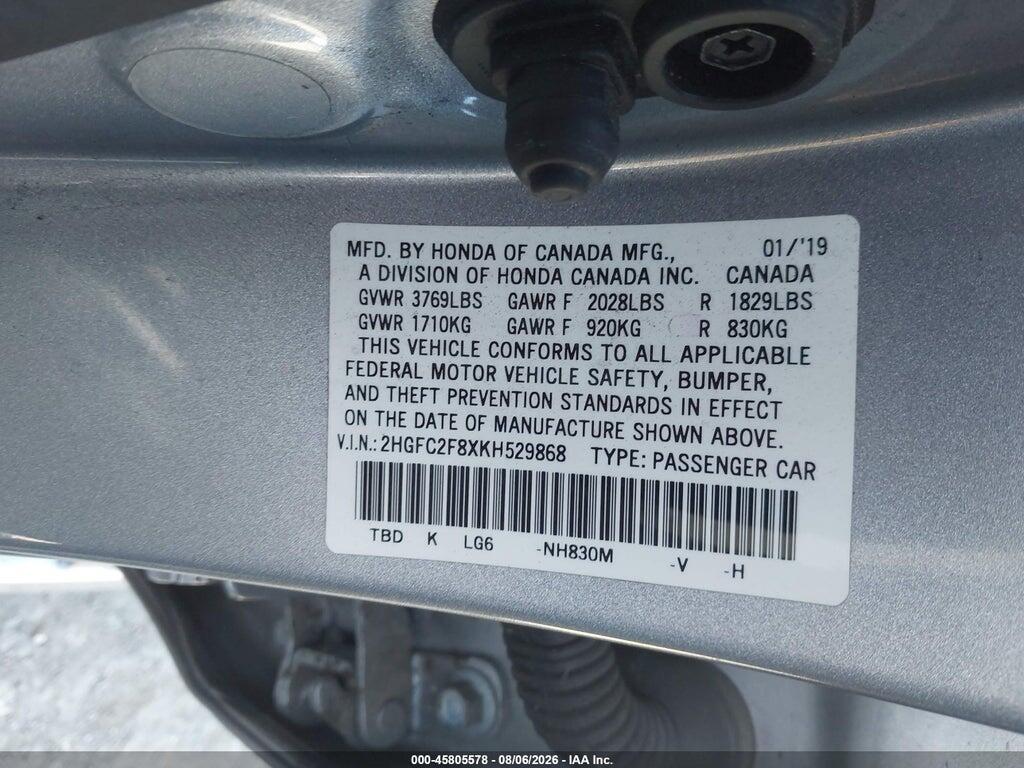 2HGFC2F8XKH529868 2019 HONDA CIVIC photo no. 9