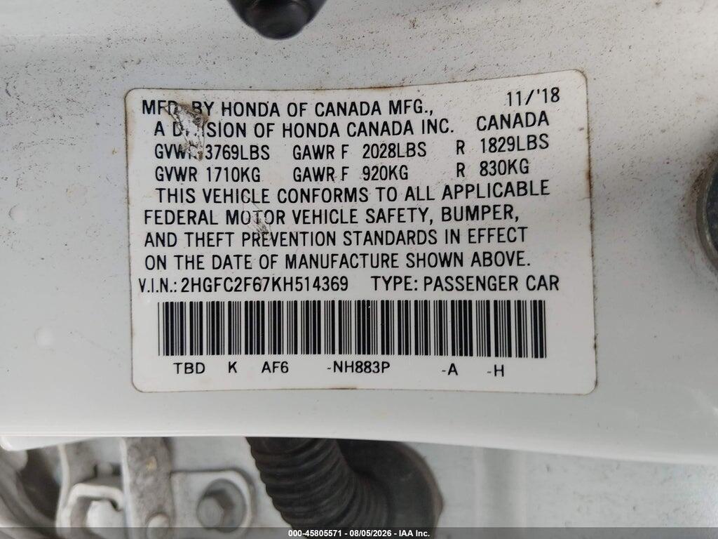 2HGFC2F67KH514369 2019 HONDA CIVIC photo no. 9