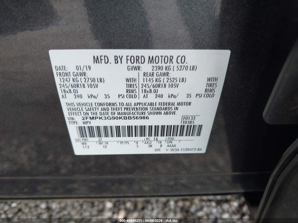 2FMPK3G90KBB56986 2019 FORD EDGE photo no. 9