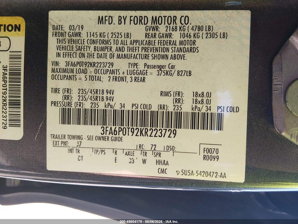 3FA6P0T92KR223729 2019 FORD FUSION photo no. 9