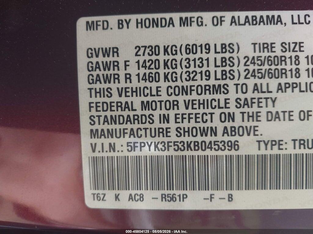 5FPYK3F53KB045396 2019 HONDA RIDGELINE photo no. 9