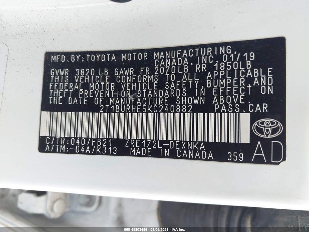 2T1BURHE5KC240882 2019 TOYOTA COROLLA photo no. 9