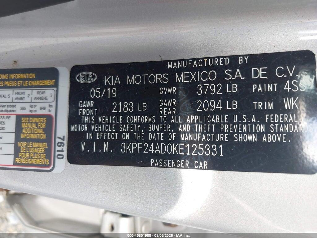 3KPF24AD0KE125331 2019 KIA FORTE photo no. 9