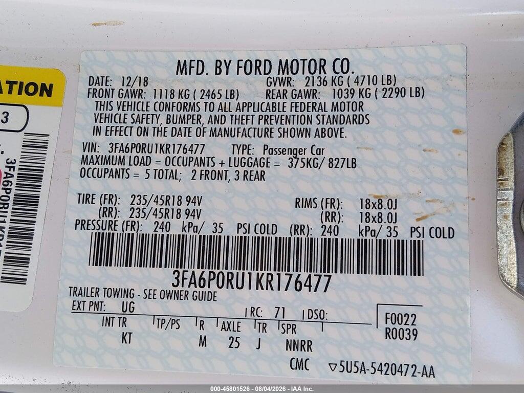 3FA6P0RU1KR176477 2019 FORD FUSION HYBRID photo no. 9