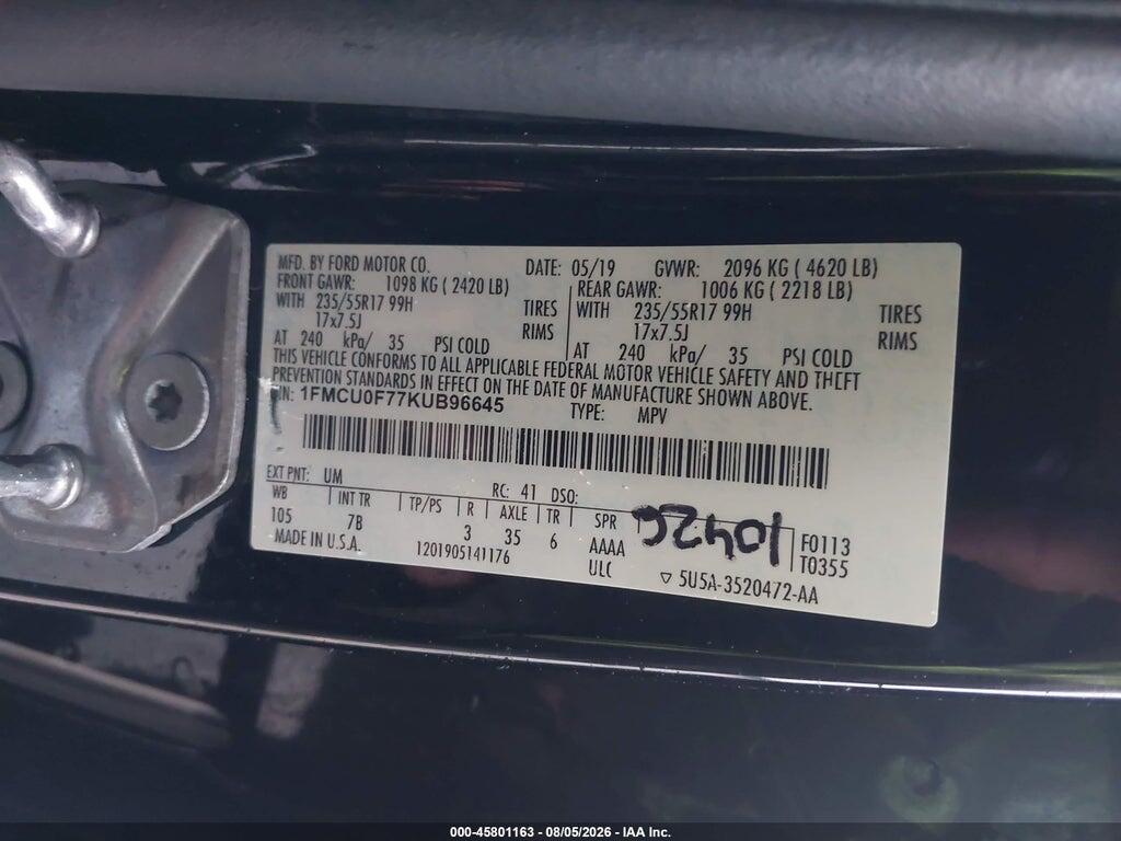 1FMCU0F77KUB96645 2019 FORD ESCAPE photo no. 9