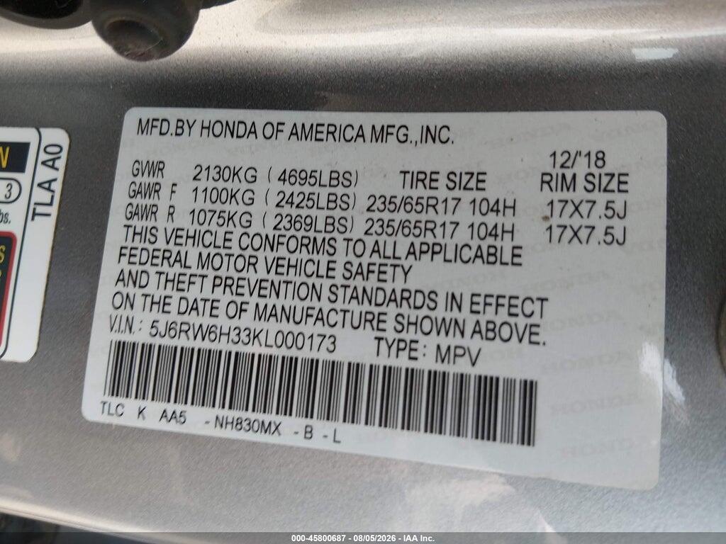 5J6RW6H33KL000173 2019 HONDA CR-V photo no. 9
