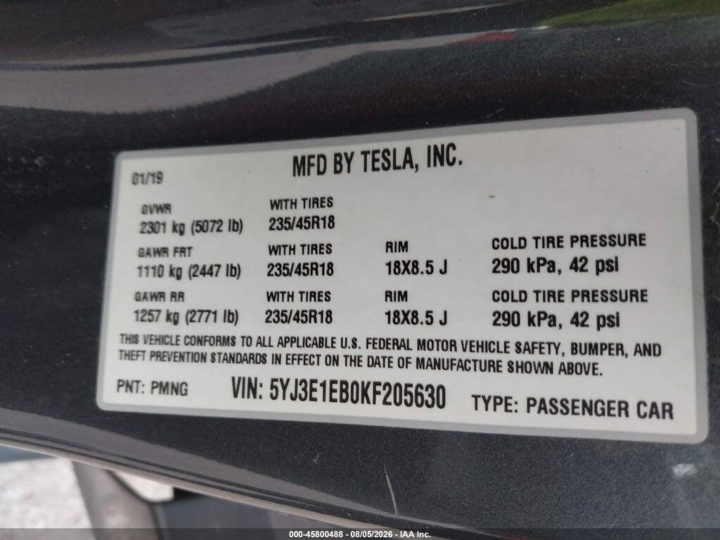 5YJ3E1EB0KF205630 2019 TESLA MODEL 3 photo no. 9