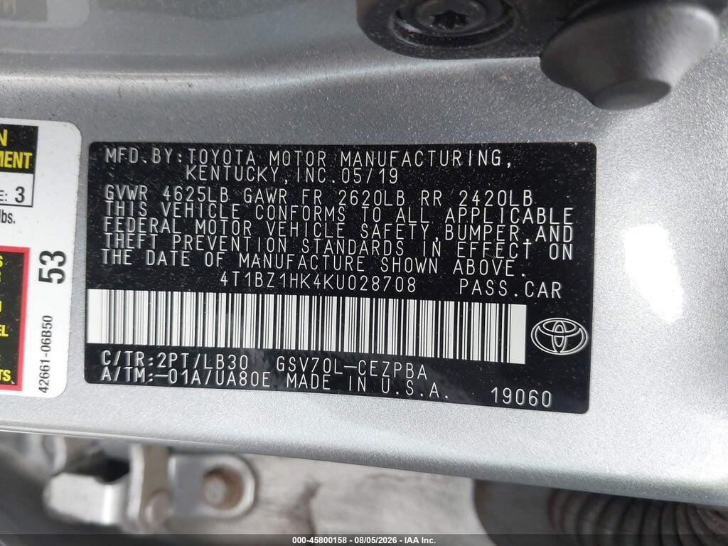 4T1BZ1HK4KU028708 2019 TOYOTA CAMRY photo no. 9