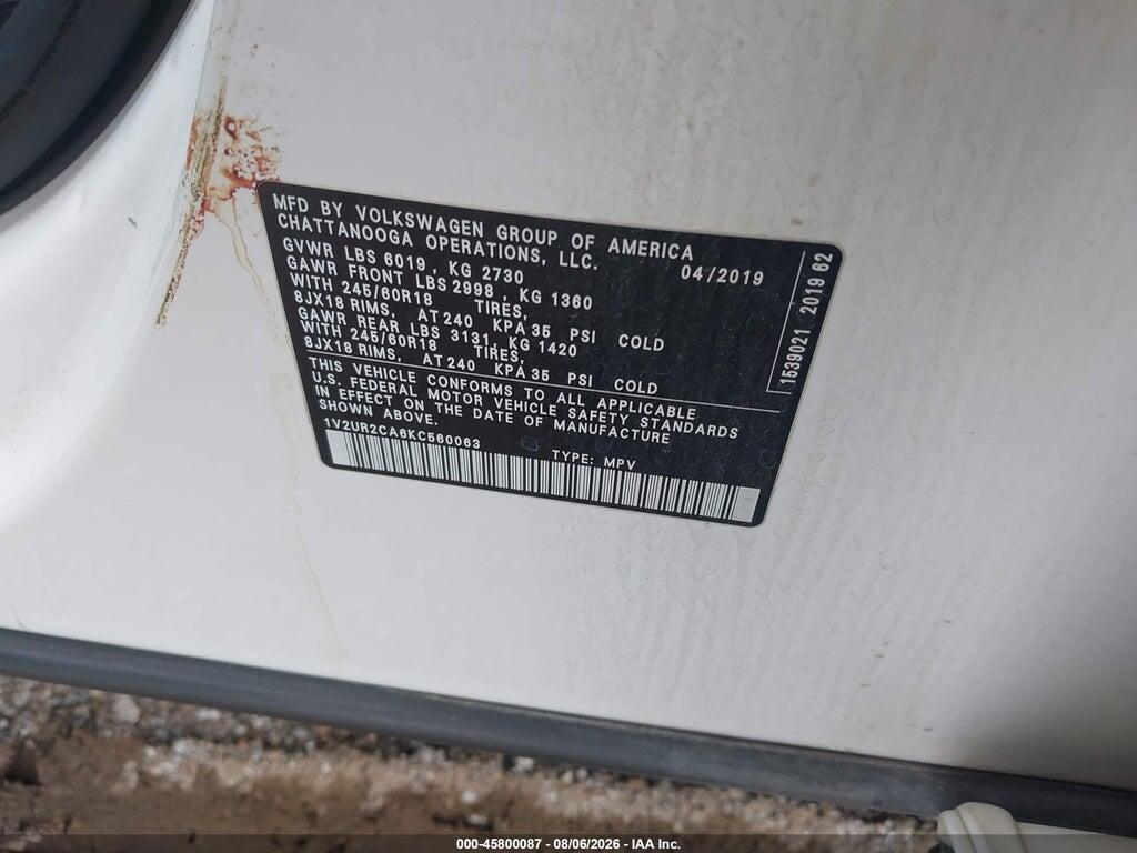 1V2UR2CA6KC560063 2019 VOLKSWAGEN ATLAS photo no. 9
