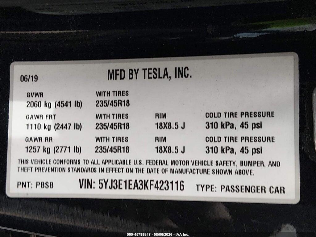 5YJ3E1EA3KF423116 2019 TESLA MODEL 3 photo no. 9