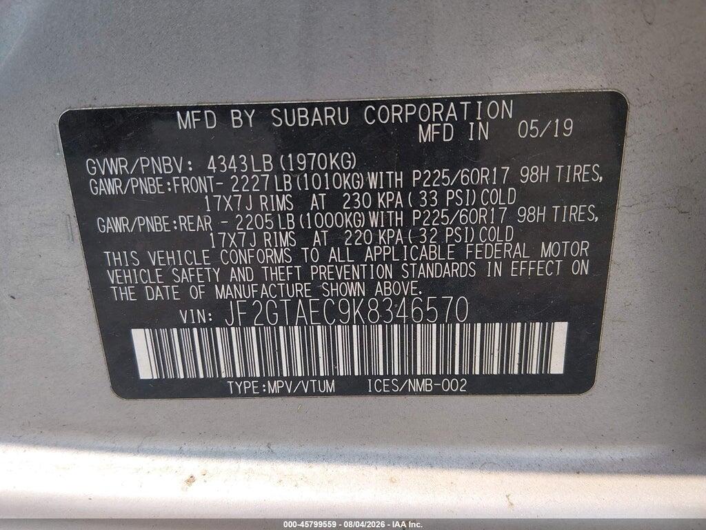 JF2GTAEC9K8346570 2019 SUBARU CROSSTREK photo no. 9