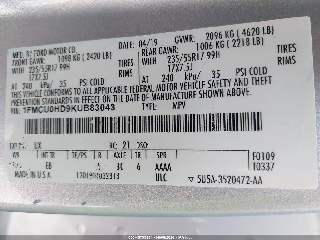 1FMCU0HD9KUB83043 2019 FORD ESCAPE photo no. 9