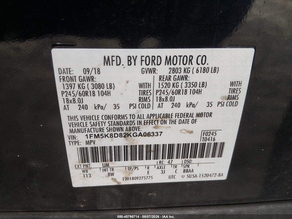 1FM5K8D82KGA06337 2019 FORD EXPLORER photo no. 9
