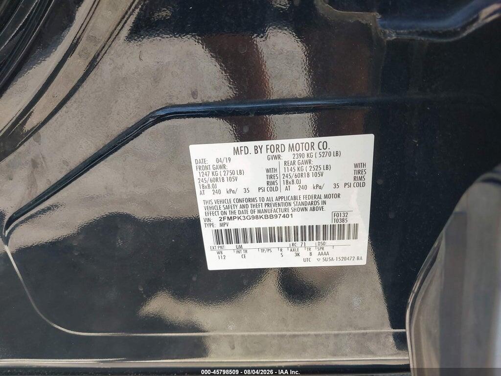 2FMPK3G98KBB97401 2019 FORD EDGE photo no. 9