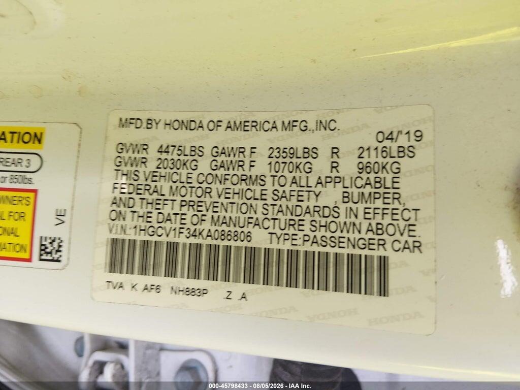 1HGCV1F34KA086806 2019 HONDA ACCORD photo no. 9