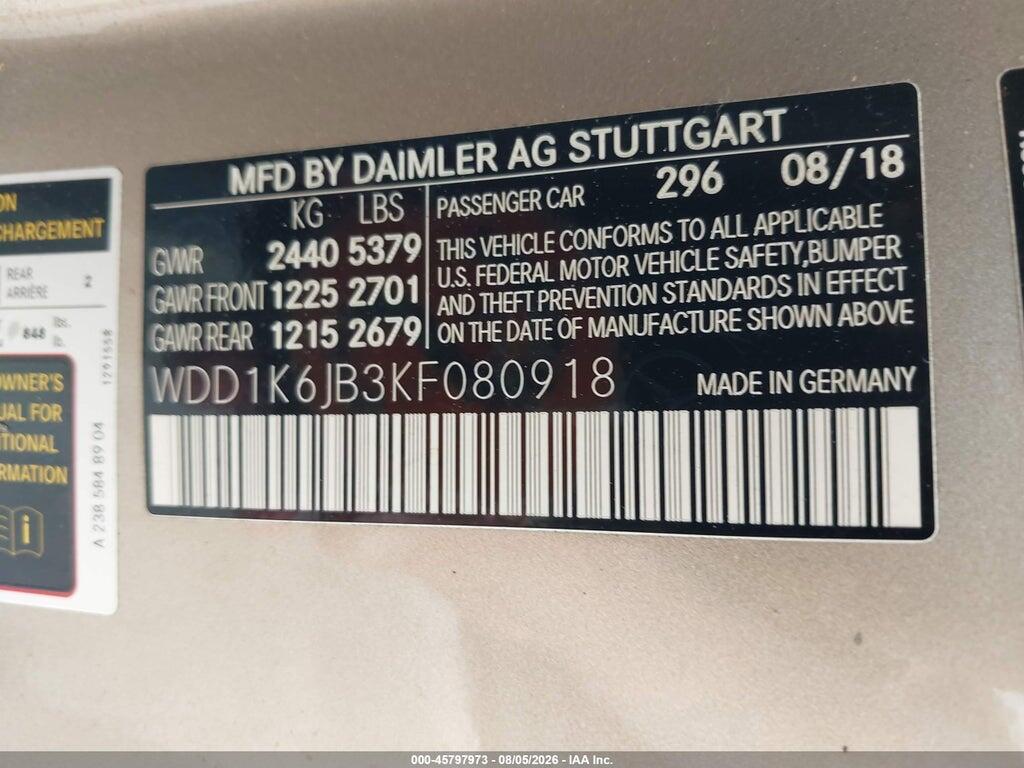 WDD1K6JB3KF080918 2019 MERCEDES-BENZ E 450 photo no. 9