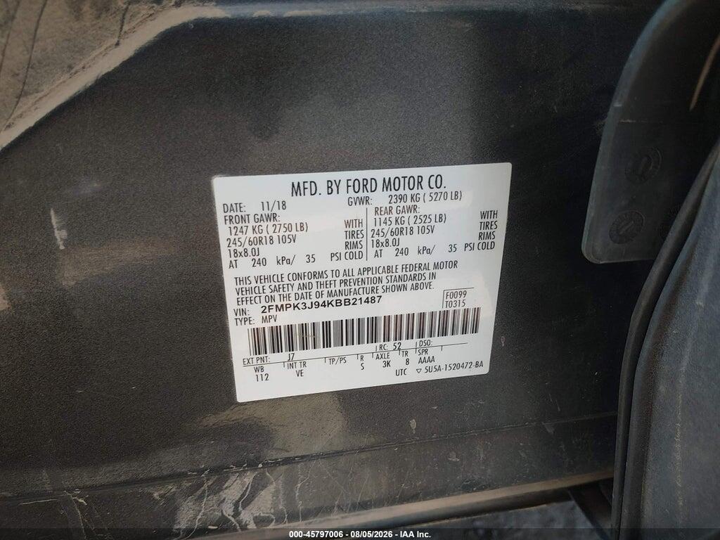 2FMPK3J94KBB21487 2019 FORD EDGE photo no. 9